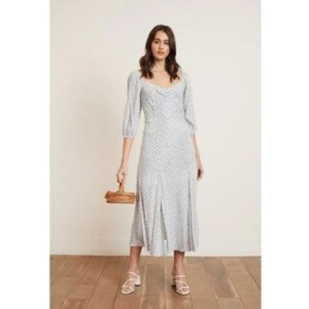 ⭐️ Lucy Paris August Puff Sleeve Polka Dot Midi Dress M Light Blue White